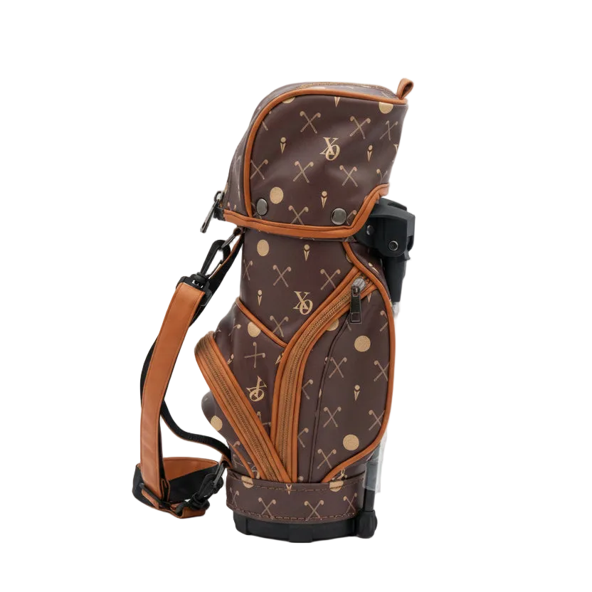 Brown patterned Oceano Azul Fairway Cognac golf bag, upright view.
