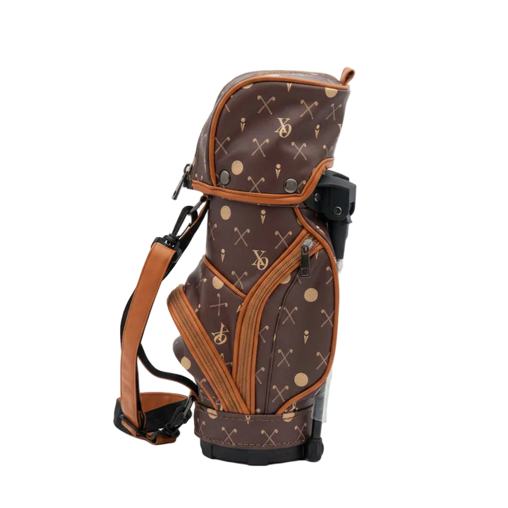 Brown patterned Oceano Azul Fairway Cognac golf bag, upright view.