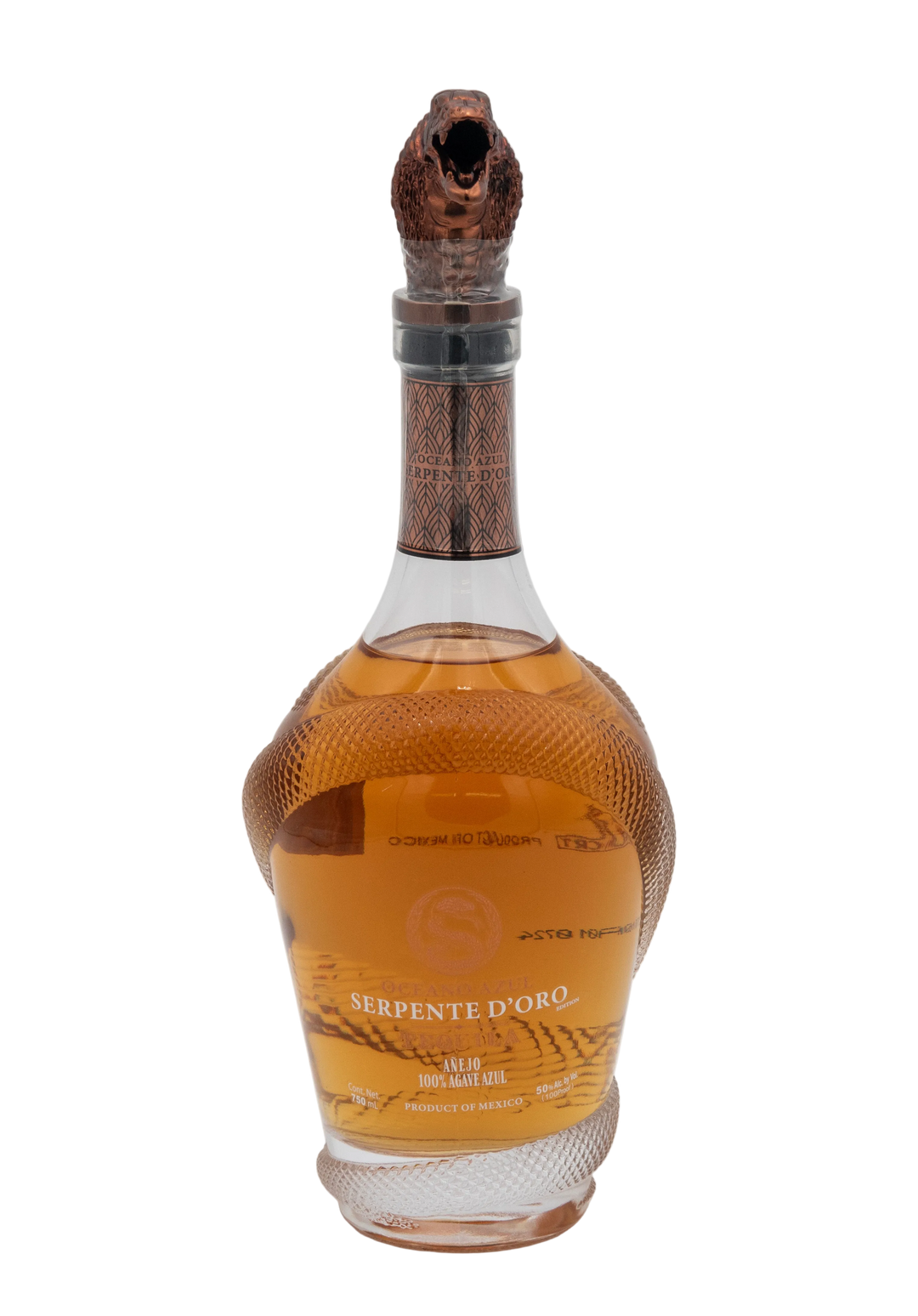 Front view of Oceano Azul Serpente D'Oro tequila bottle with sculpted snake cap.