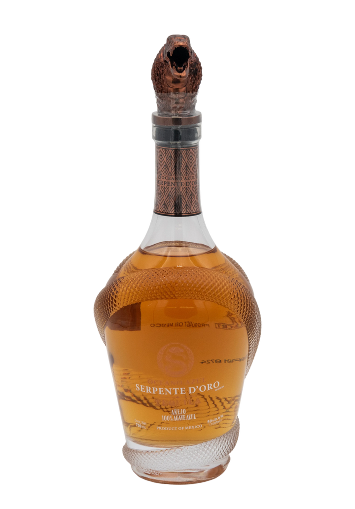 Front view of Oceano Azul Serpente D'Oro tequila bottle with sculpted snake cap.