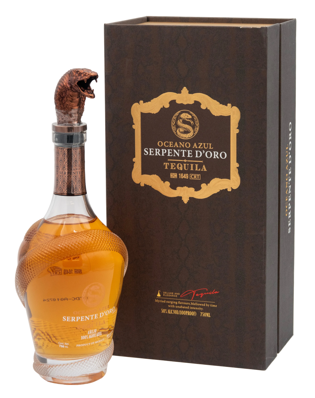 Oceano Azul Serpente D'Oro tequila bottle with sculpted snake cap beside its closed presentation box.
