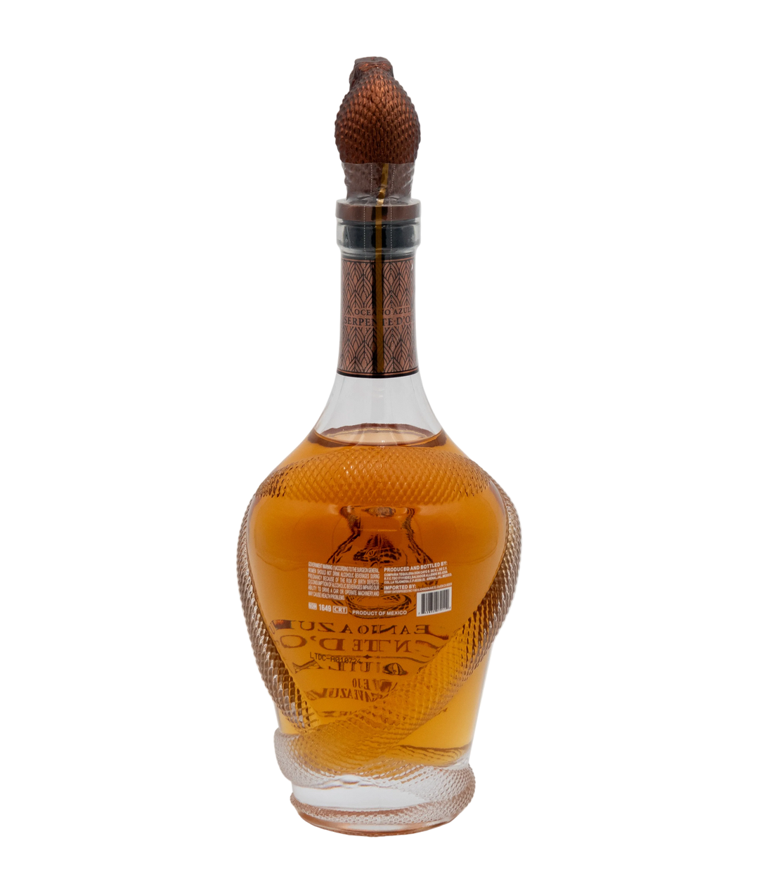 Rear view of Oceano Azul Serpente D'Oro tequila bottle with sculpted snake cap and back label.