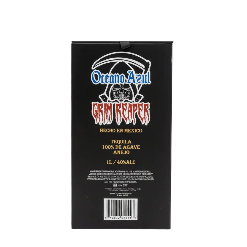 Oceano Azul Grim Reaper tequila box on a white background