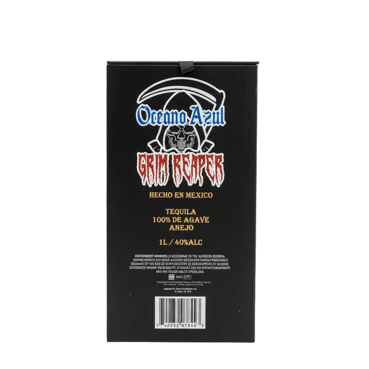 Oceano Azul Grim Reaper tequila box on a white background