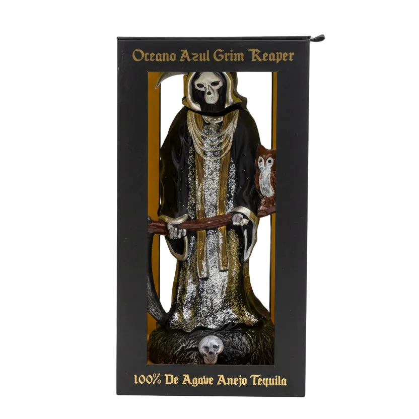 Tequila bottle in a box with a Grim Reaper design on a white background