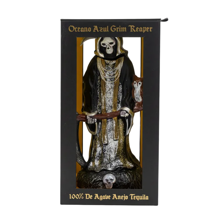 Tequila bottle in a box with a Grim Reaper design on a white background