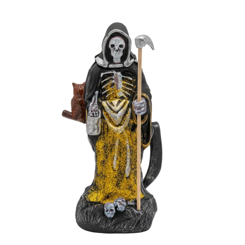 Statue of a skeleton figure with a scythe on a white background