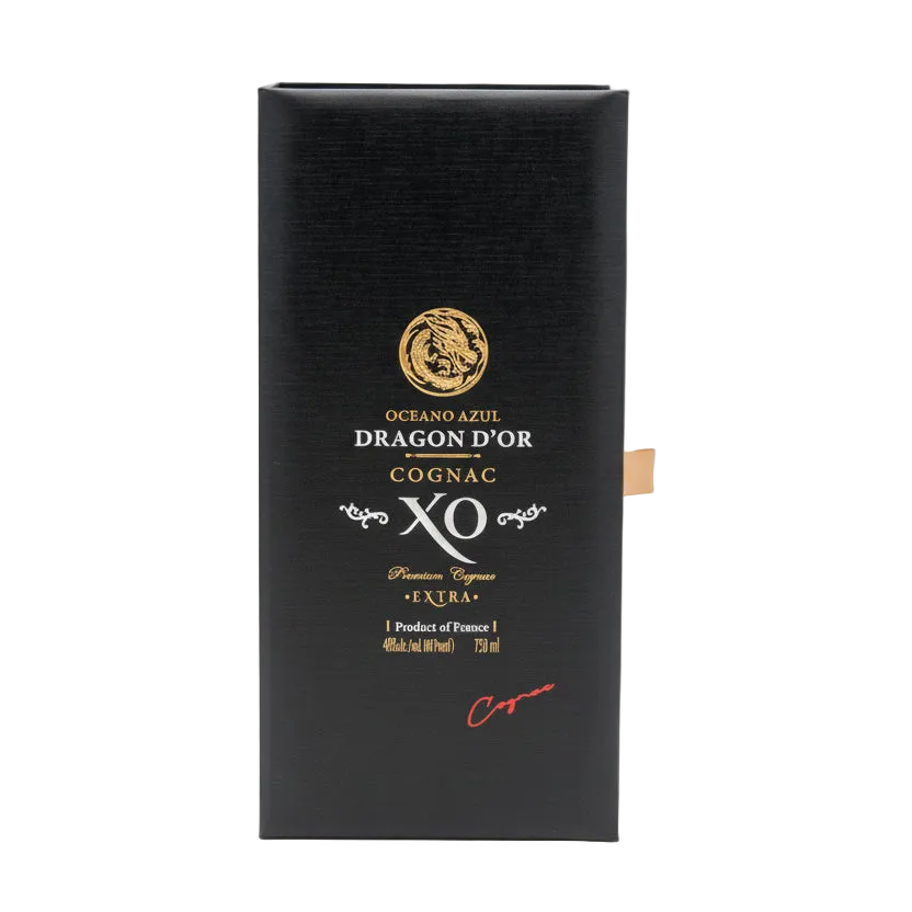Closed black presentation box for Oceano Azul Dragon D'Or Cognac XO, with gold and white branding.