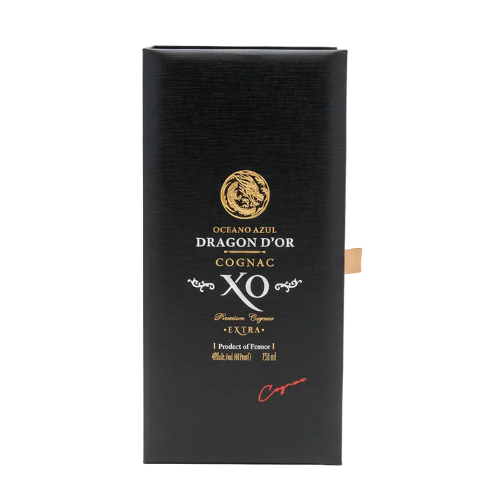 Closed black presentation box for Oceano Azul Dragon D'Or Cognac XO, with gold and white branding.