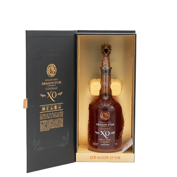 Oceano Azul Dragon D'Or Cognac XO bottle inside its open black presentation box with gold lining.