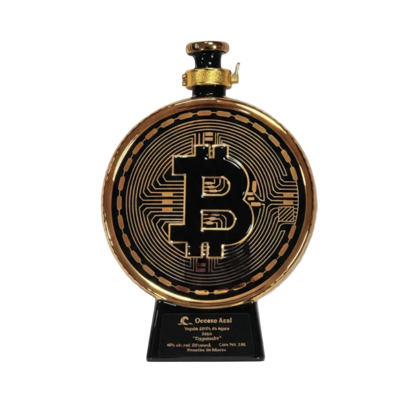 Oceano Azul Bitcoin Cryptoquila tequila bottle with its gold Bitcoin emblem.
