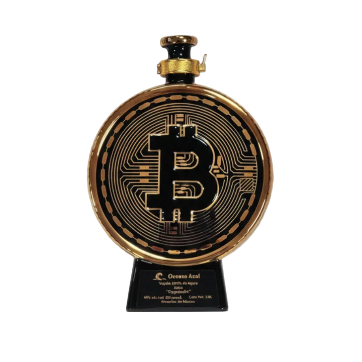 Oceano Azul Bitcoin Cryptoquila tequila bottle with its gold Bitcoin emblem.