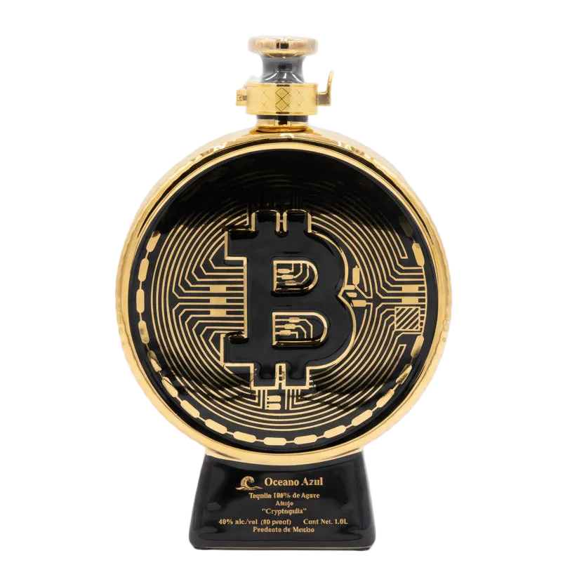 Alternate view of Oceano Azul Bitcoin Cryptoquila tequila bottle with its Bitcoin design.