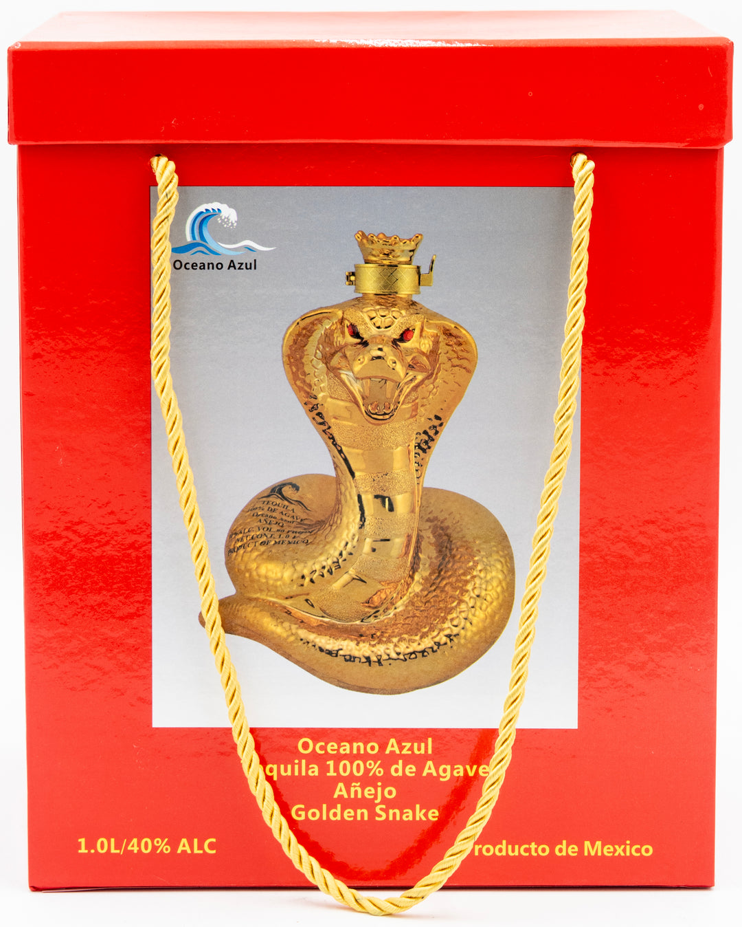 Red box with a gold snake-shaped liquor bottle and Oceano Azul branding.