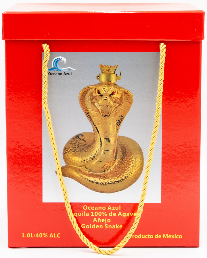 Red box with a gold snake-shaped liquor bottle and Oceano Azul branding.