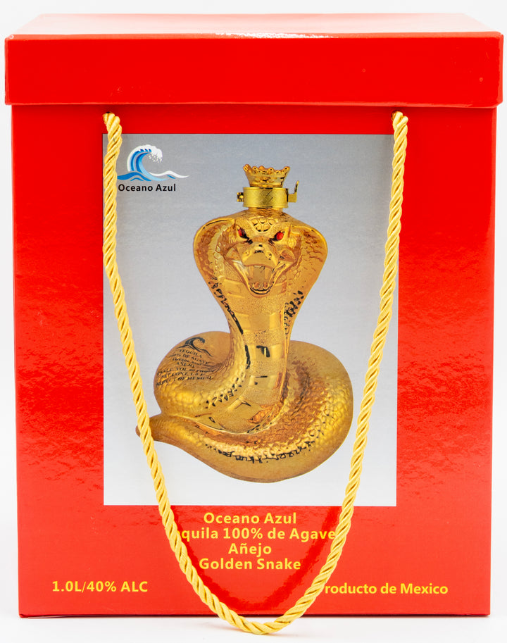Gold snake-shaped liquor bottle in a red box with 'Oceano Azul' branding.