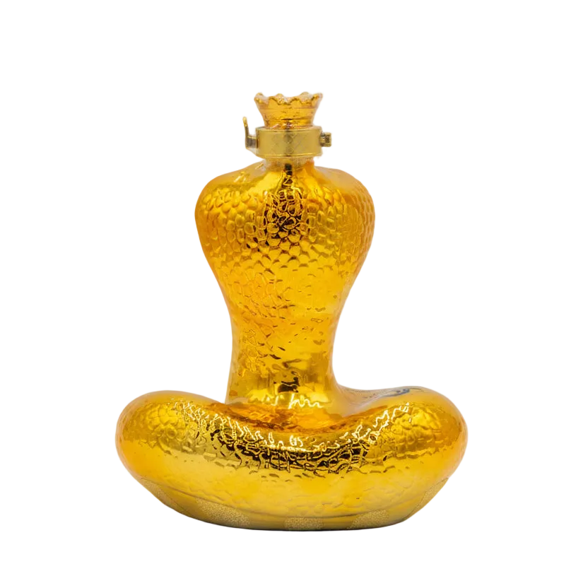 Gold-colored bottle with a textured surface on a white background.