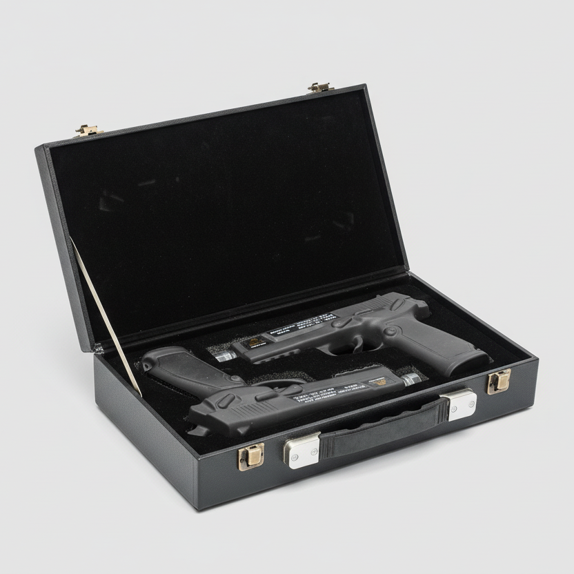 Black liquor gun case with a gun inside on a white background