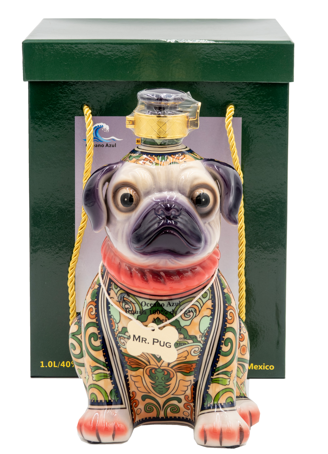 Decorative bottle shaped like a pug with a colorful design and 'Mr. Pug' label, set against a green box background.