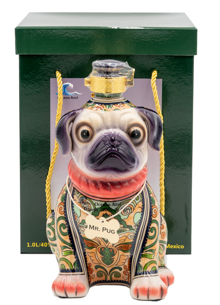 Decorative bottle shaped like a pug with a colorful design and 'Mr. Pug' label, set against a green box background.