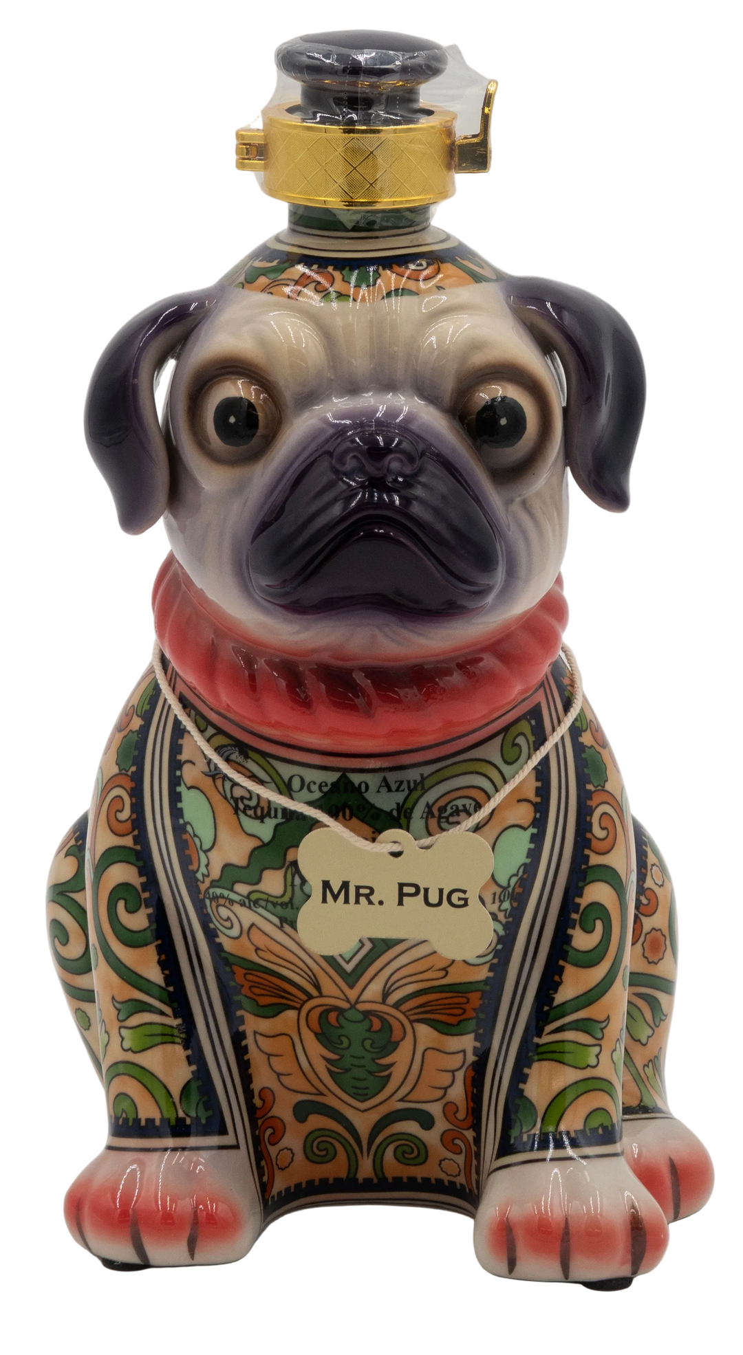 Decorative bottle shaped like a pug with intricate designs and 'MR. PUG' label on a white background