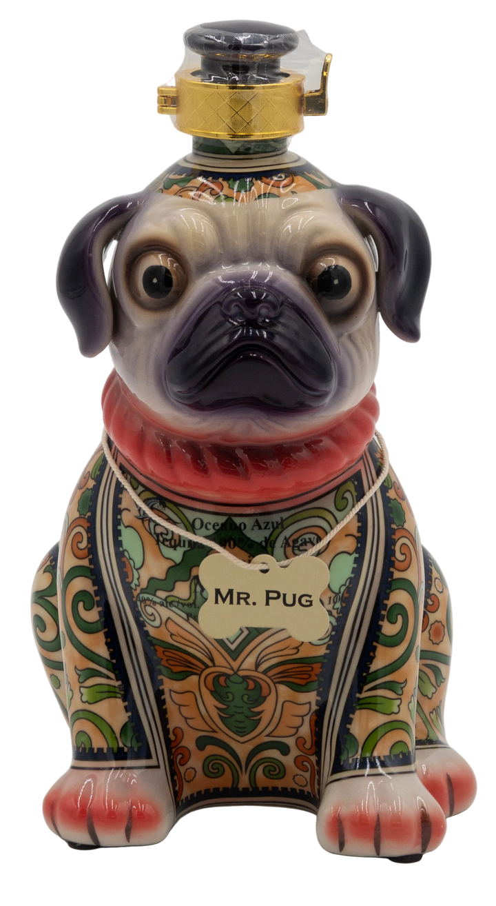Decorative bottle shaped like a pug with intricate designs and 'MR. PUG' label on a white background