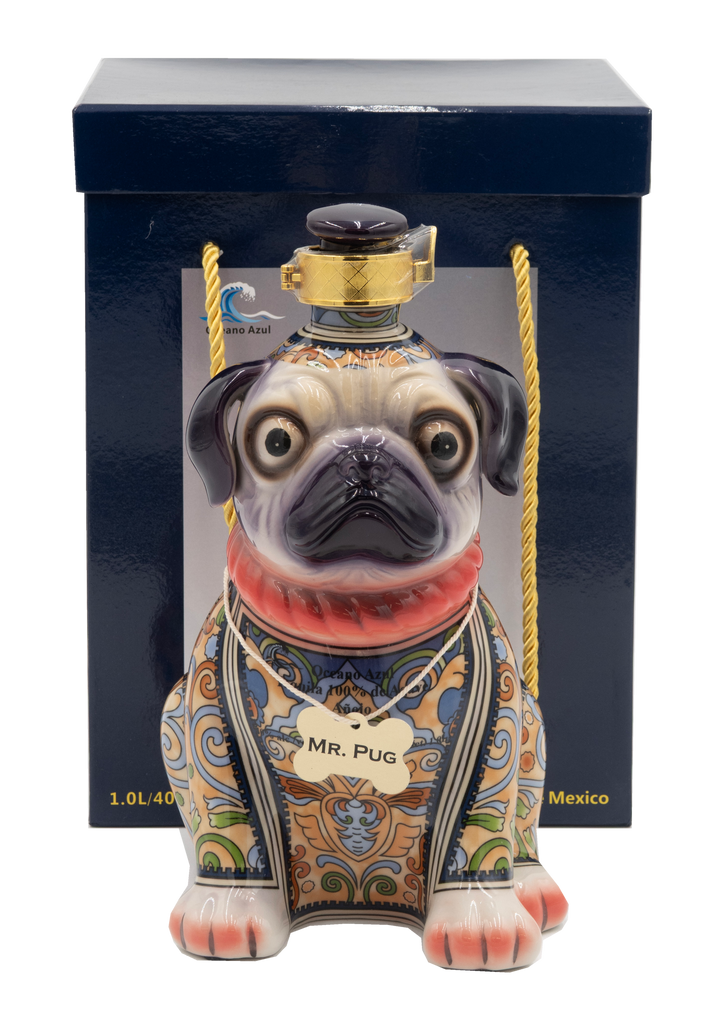Decorative bottle shaped like a pug with intricate designs on a white background