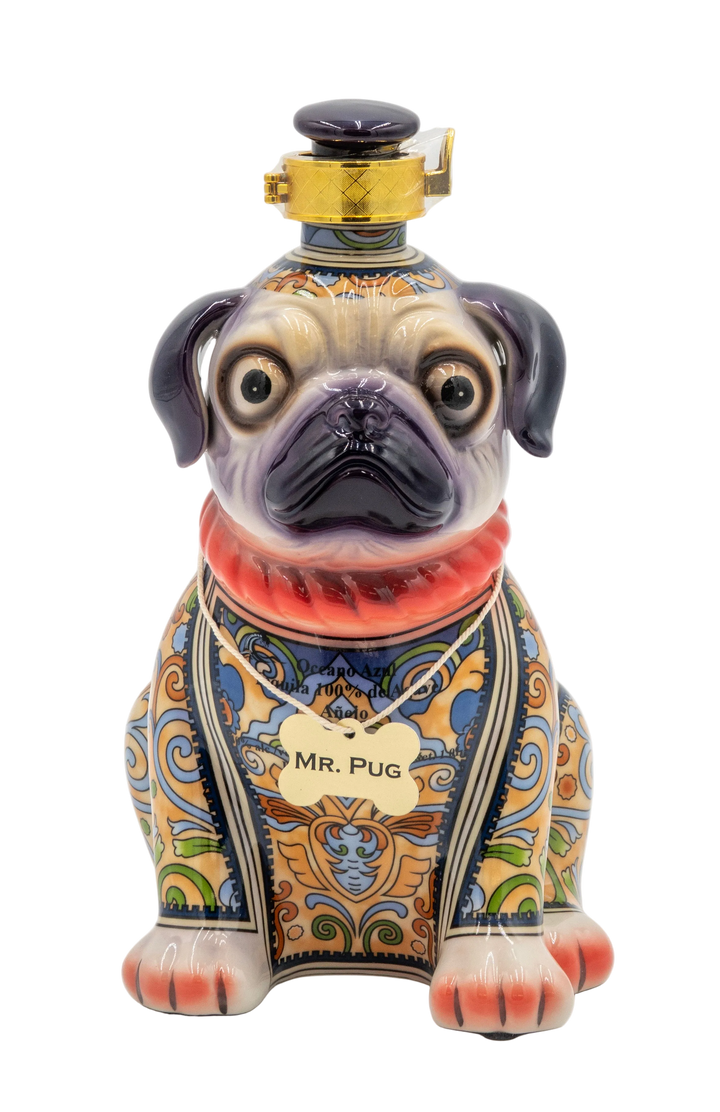Decorative bottle shaped like a pug with colorful patterns on a white background.