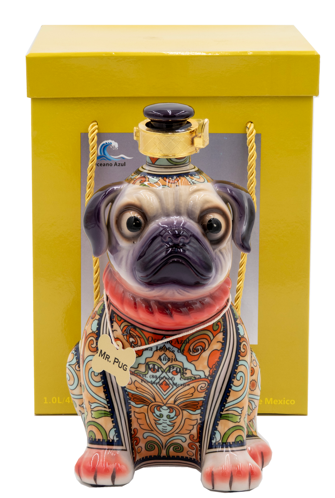 Decorative dog-shaped bottle with intricate patterns in a yellow box on a white background
