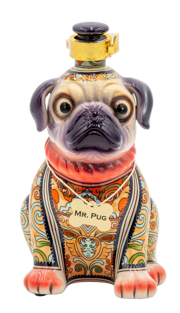 Decorative bottle shaped like a pug with colorful patterns on a white background.