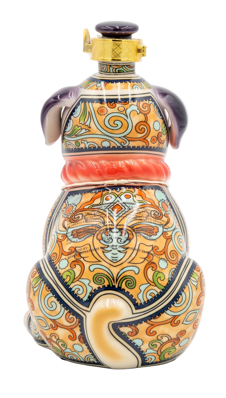 Decorative ceramic bottle with intricate patterns on a white background.