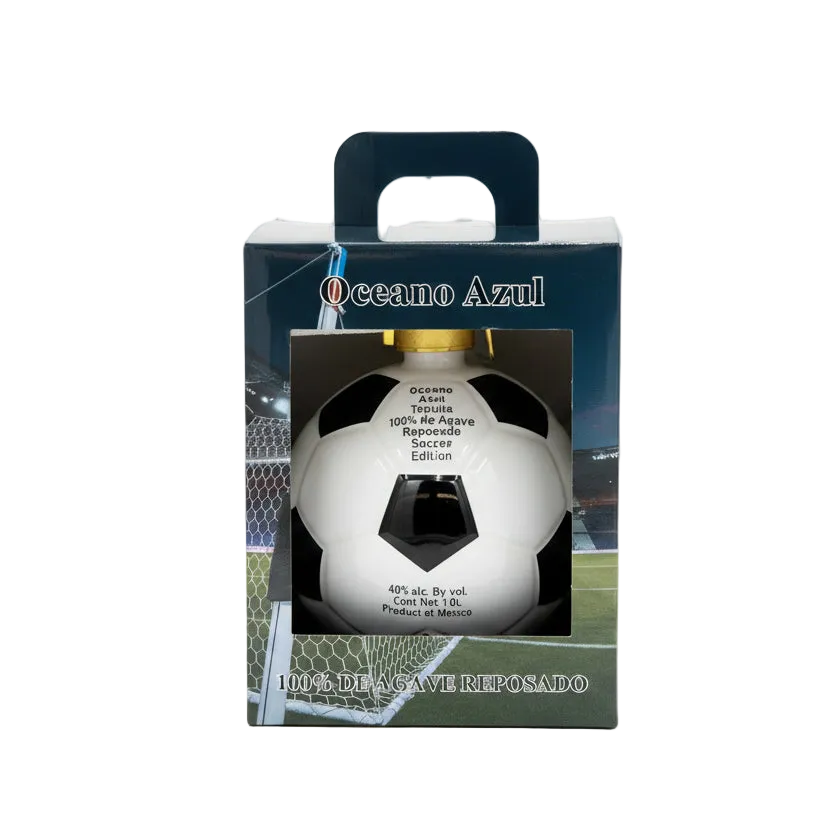 Oceano Azul tequila bottle shaped like a soccer ball in packaging with football field background