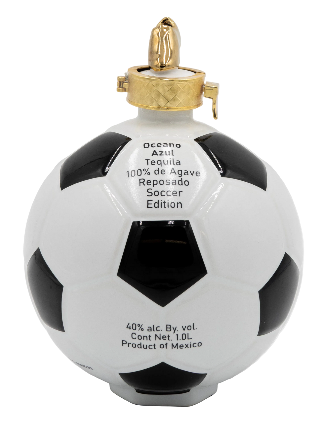 Oceano Azul Soccer Ball Reposado Tequila bottle with gold cap, black-and-white panels, and front product label.