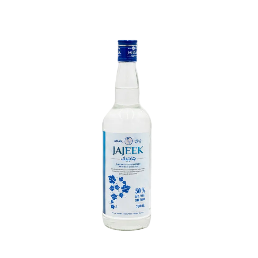 Arak Jajeek Blue Label clear bottle with blue cap, front label showing 50% ABV and 750ml.