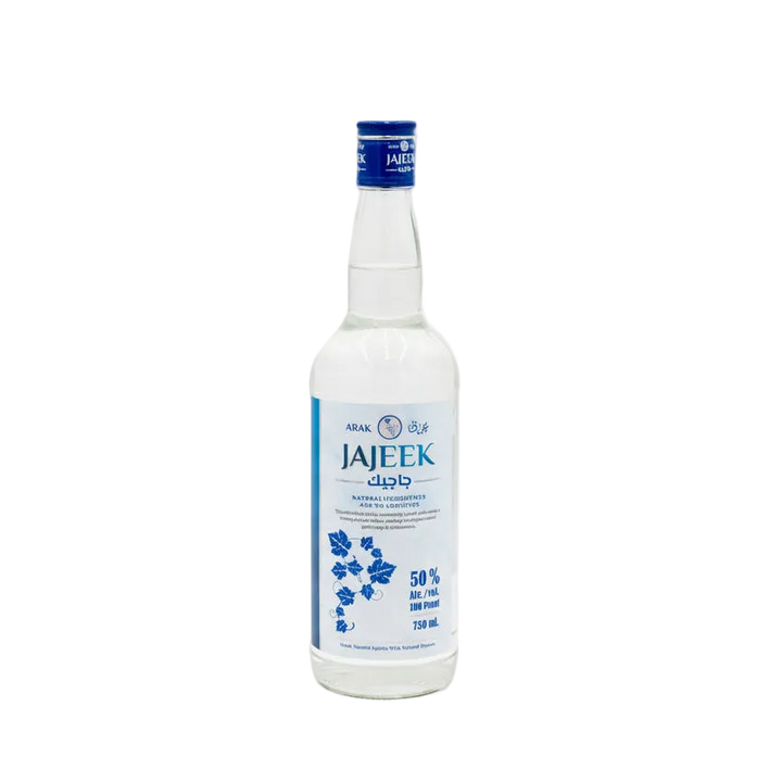Arak Jajeek Blue Label clear bottle with blue cap, front label showing 50% ABV and 750ml.