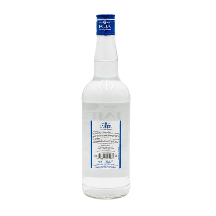 Arak Jajeek Blue Label clear bottle with blue cap, rear label and barcode view.