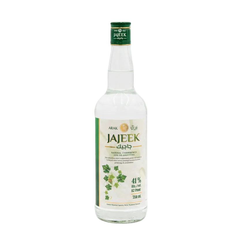 Arak Jajeek Green Label clear bottle with green cap, front label showing 41% ABV and 750ml.