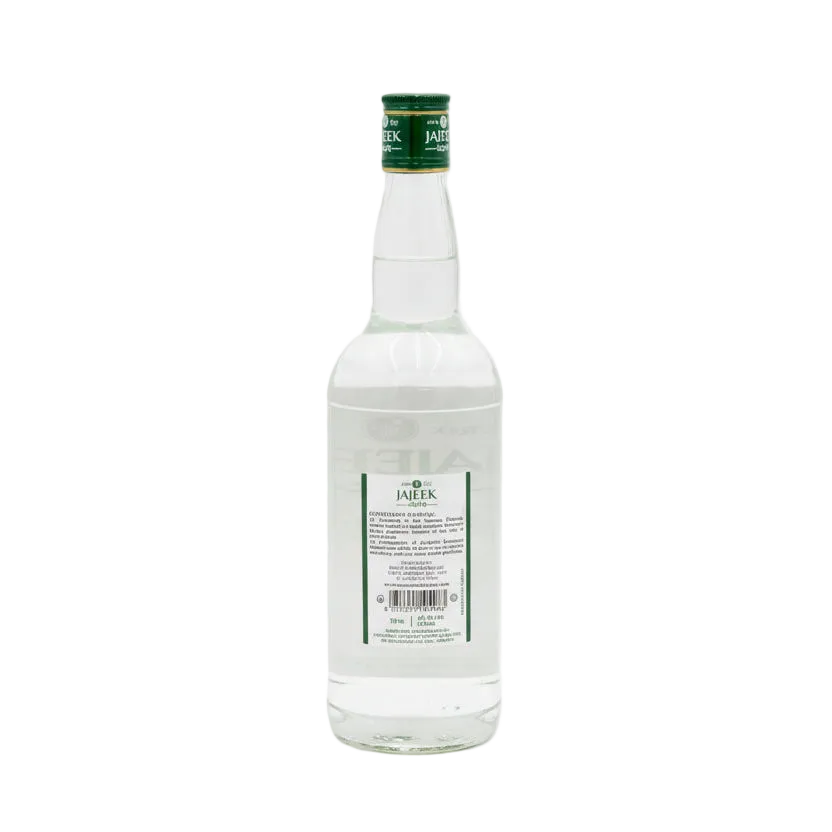 Arak Jajeek Green Label clear bottle with green cap, rear label and barcode view.