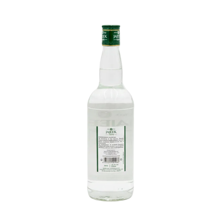 Arak Jajeek Green Label clear bottle with green cap, rear label and barcode view.