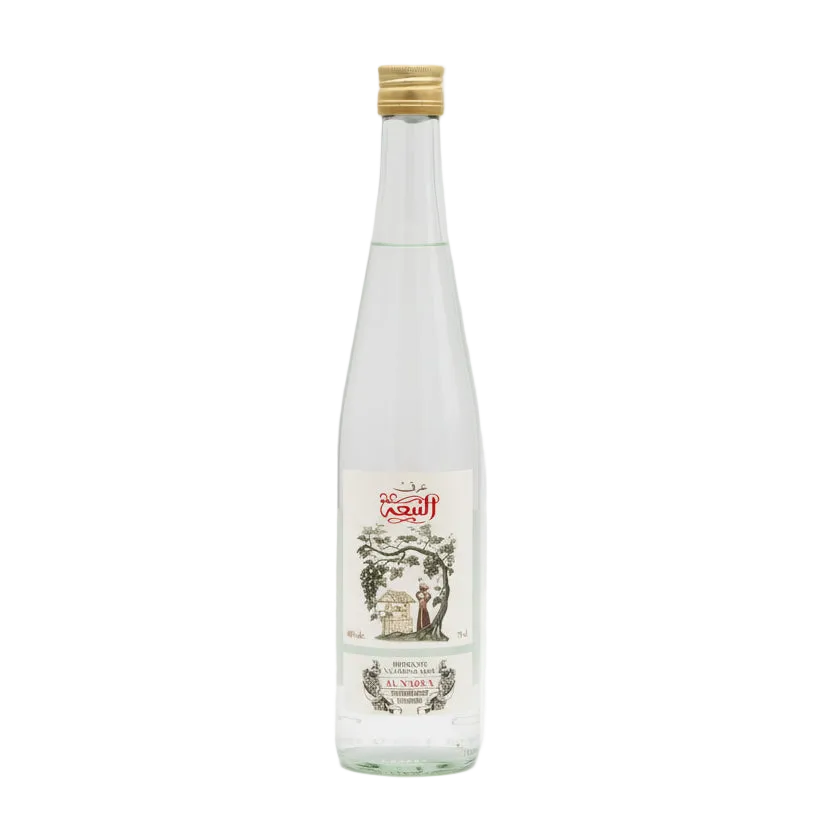 Al Nabaa Genuine Nazarene Arak clear bottle with gold cap and illustrated front label.