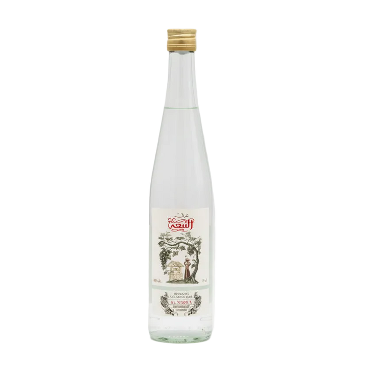 Al Nabaa Genuine Nazarene Arak clear bottle with gold cap and illustrated front label.