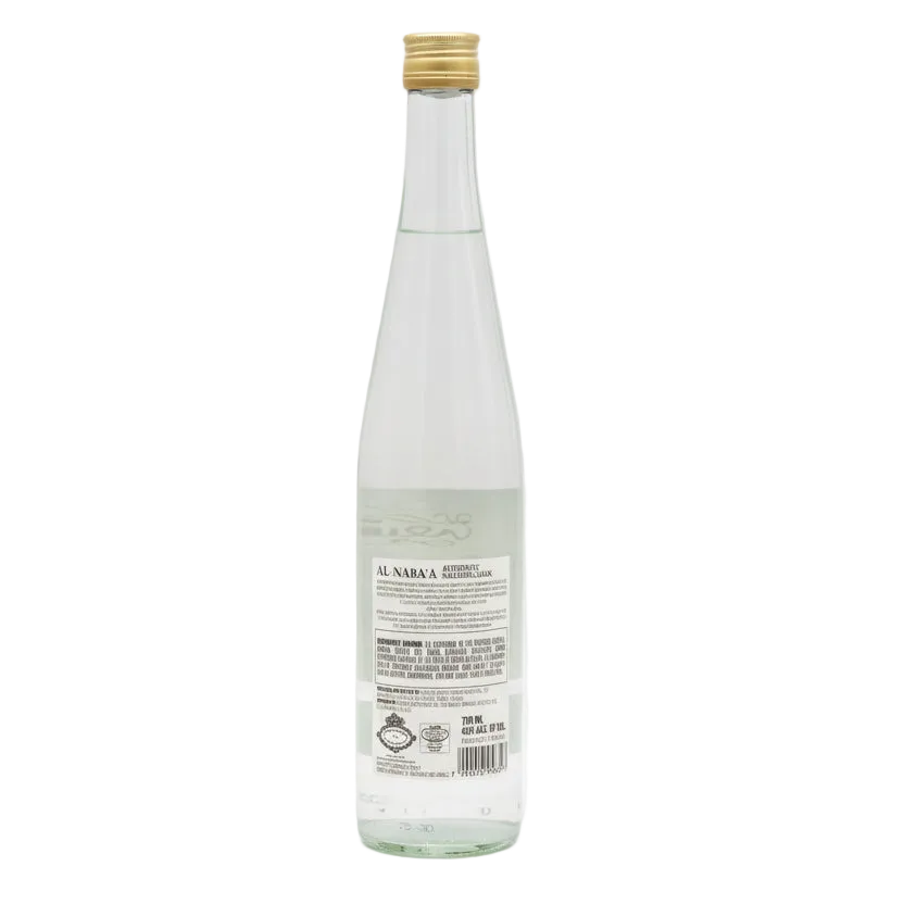 Al Nabaa Genuine Nazarene Arak clear bottle, rear label and barcode view.