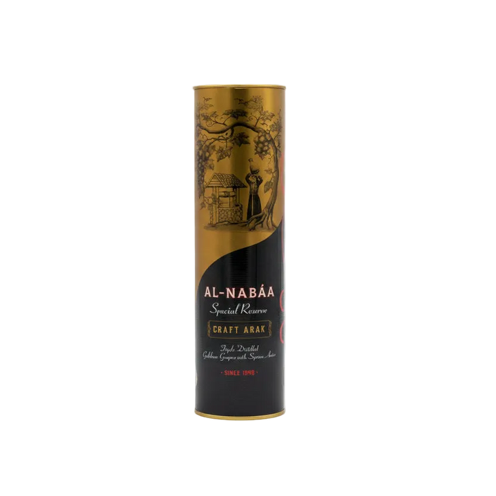 Al Nabaa Special Reserve Arak gold and black cylindrical gift tube, front view.