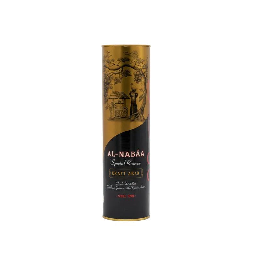 Al Nabaa Special Reserve Arak gold and black cylindrical gift tube, front view.