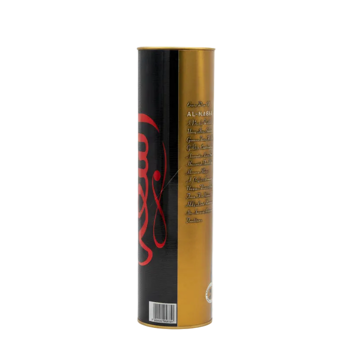 Al Nabaa Special Reserve Arak gold and black gift tube, rear view with barcode.