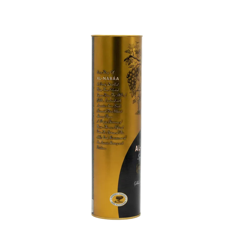 Al Nabaa Special Reserve Arak gold and black gift tube, side view with package text.