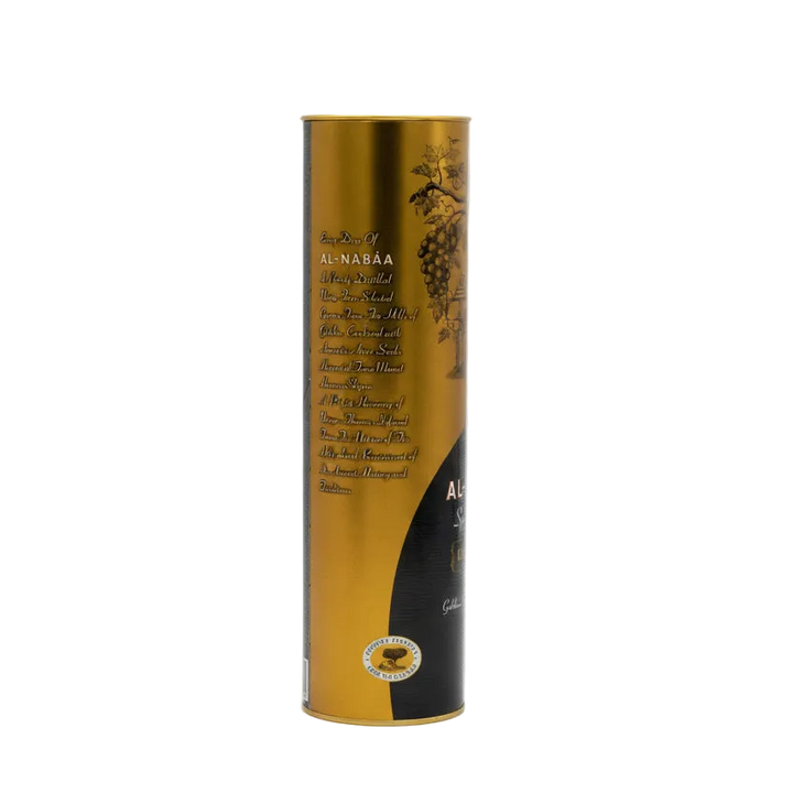 Al Nabaa Special Reserve Arak gold and black gift tube, side view with package text.