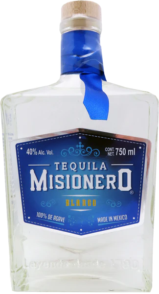 Misionero Blanco Tequila 750ml clear bottle with blue label and blue neck ribbon.