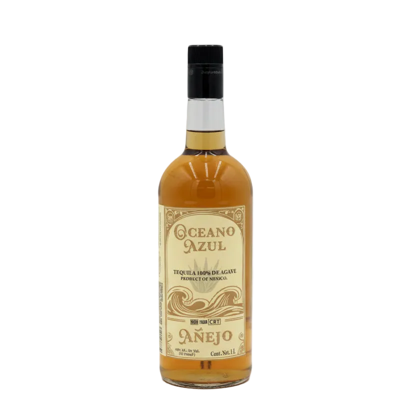 Oceano Azul Añejo Tequila 1L bottle with amber tequila, black cap, and gold-and-cream front label.