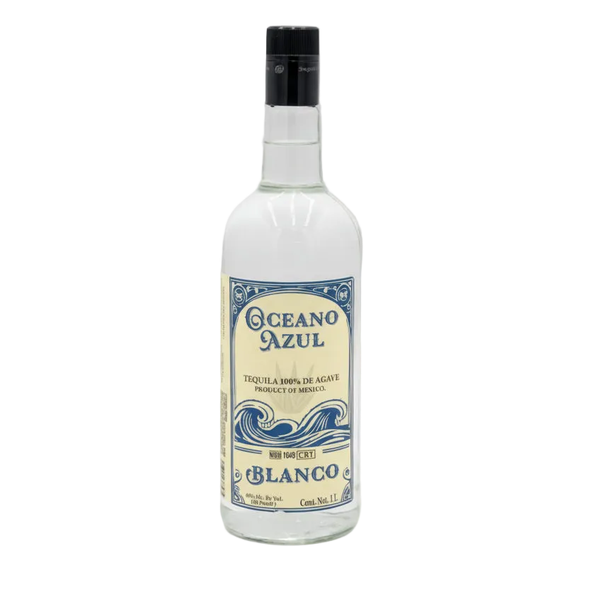 Oceano Azul Blanco Tequila 1L bottle with black cap and blue-and-cream front label.